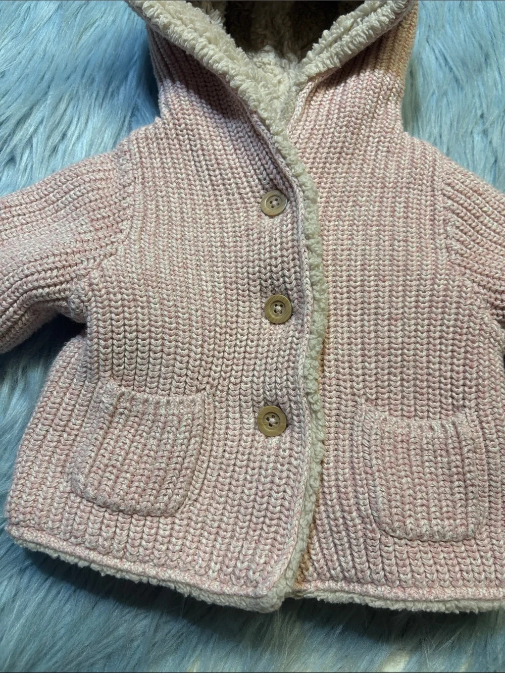 GAP Baby Hooded Cardigan in Light Pink with Cream Sherpa Lining Sz 0-3M